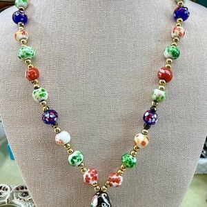 Handcrafted Japan Multicolor Glass Bead Necklace with Gold Beads